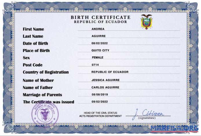 Printable Ecuador birth certificate download for verification